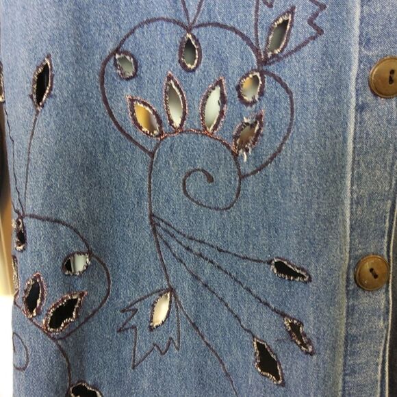 MSAS blue denim long sleeve button front embroidery and laser cutouts duster - Picture 5 of 16